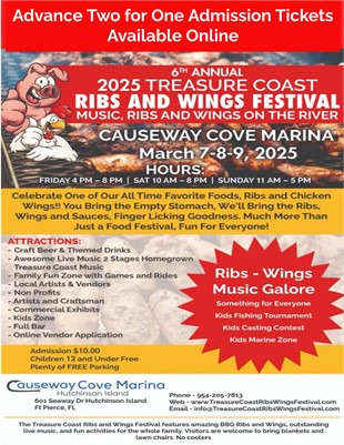 Join the 6th Annual Treasure Coast Ribs, Wings & Music Festival!  Advance Two for One Admission Tick