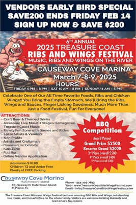 Vendors Wanted - 6th Annual Treasure Coast Ribs Wings & Music Festival Returns March 7-9, 2025